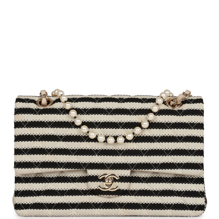 Top Quality Chanel Medium Classic Double Flap Bag Black and Beige Striped Silk Light Gold Hardware