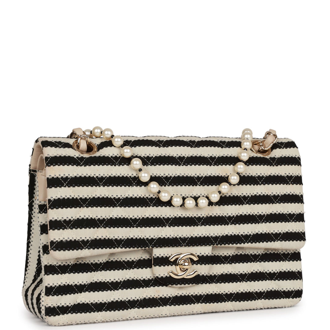 Top Quality Chanel Medium Classic Double Flap Bag Black and Beige Striped Silk Light Gold Hardware