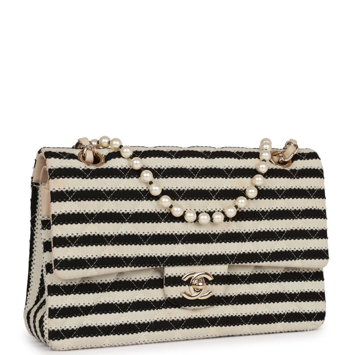 Top Quality Chanel Medium Classic Double Flap Bag Black and Beige Striped Silk Light Gold Hardware