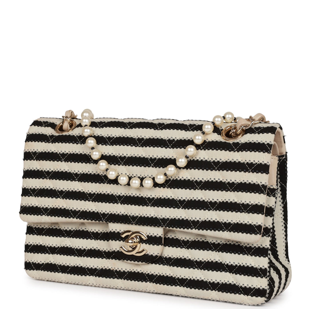 Top Quality Chanel Medium Classic Double Flap Bag Black and Beige Striped Silk Light Gold Hardware