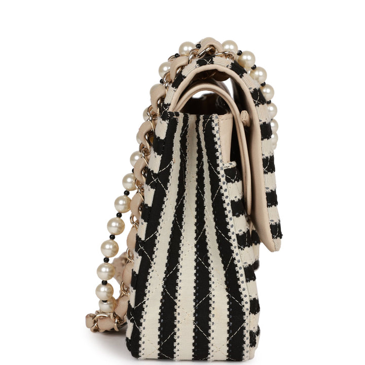 Top Quality Chanel Medium Classic Double Flap Bag Black and Beige Striped Silk Light Gold Hardware