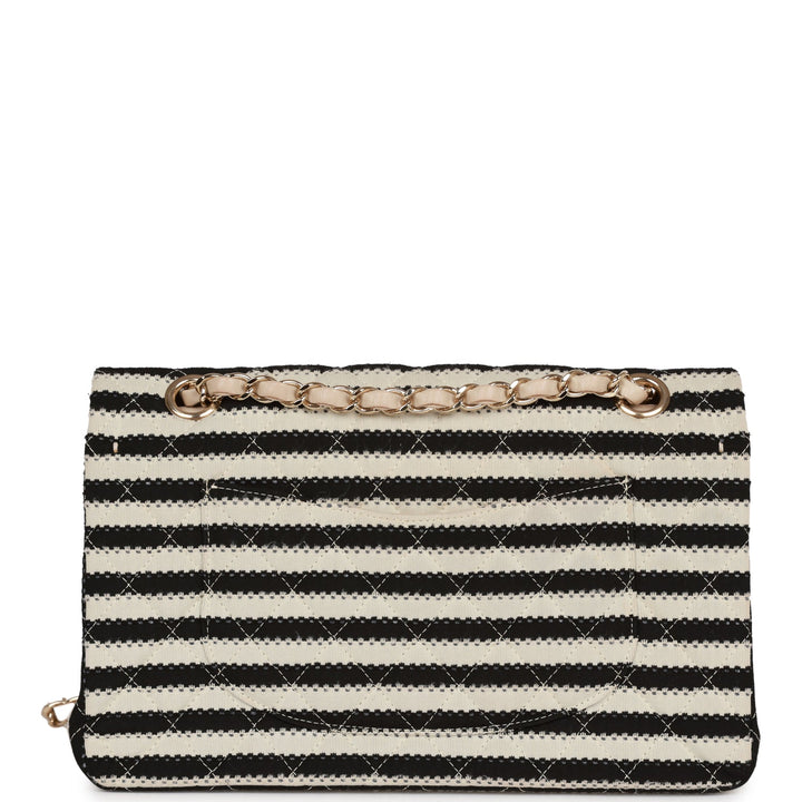 Top Quality Chanel Medium Classic Double Flap Bag Black and Beige Striped Silk Light Gold Hardware