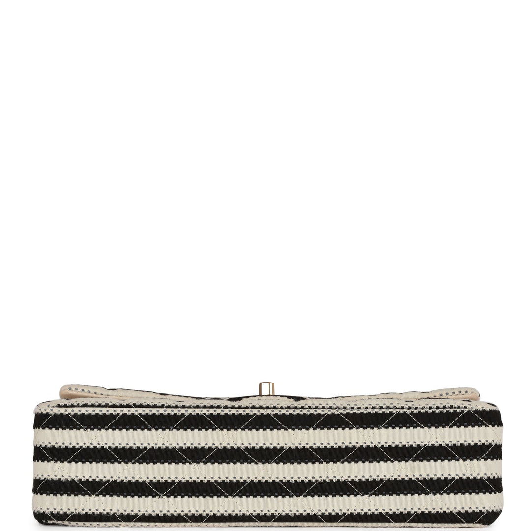 Top Quality Chanel Medium Classic Double Flap Bag Black and Beige Striped Silk Light Gold Hardware