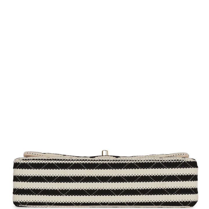 Top Quality Chanel Medium Classic Double Flap Bag Black and Beige Striped Silk Light Gold Hardware