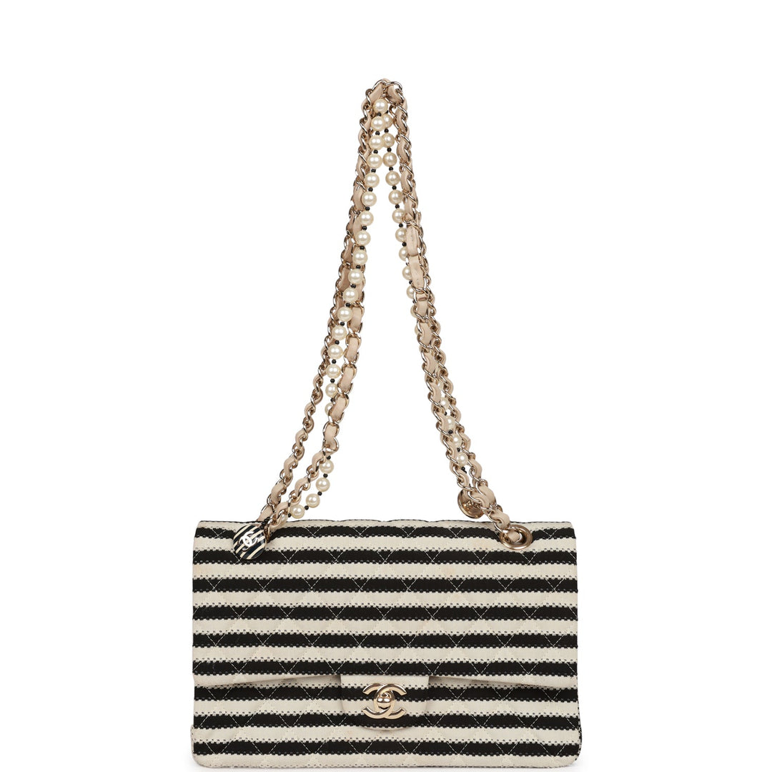 Top Quality Chanel Medium Classic Double Flap Bag Black and Beige Striped Silk Light Gold Hardware