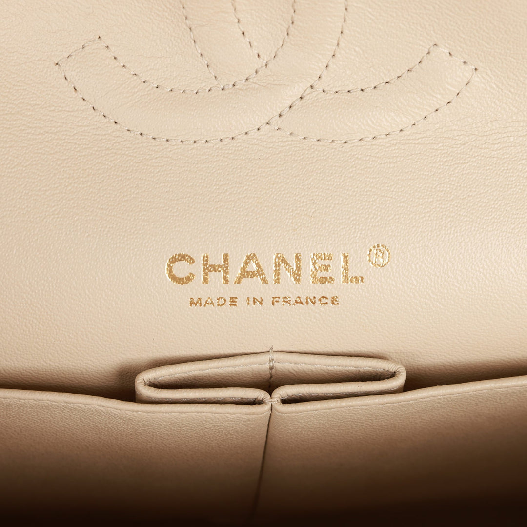 Top Quality Chanel Medium Classic Double Flap Bag Black and Beige Striped Silk Light Gold Hardware