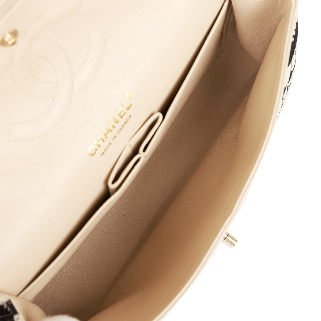 Top Quality Chanel Medium Classic Double Flap Bag Black and Beige Striped Silk Light Gold Hardware