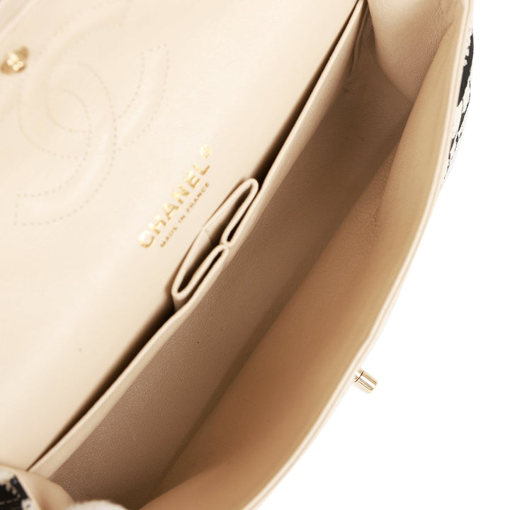 Top Quality Chanel Medium Classic Double Flap Bag Black and Beige Striped Silk Light Gold Hardware