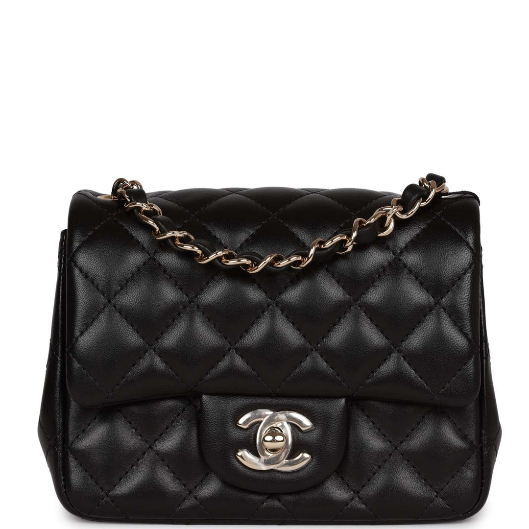 Top Quality Chanel Mini Square Flap Bag Black Lambskin Light Gold Hardware