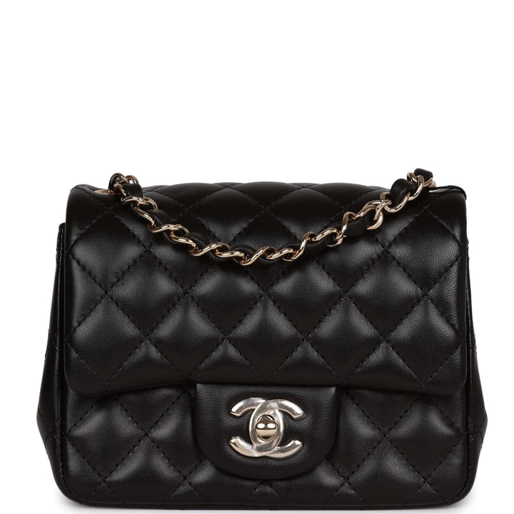 Top Quality Chanel Mini Square Flap Bag Black Lambskin Light Gold Hardware