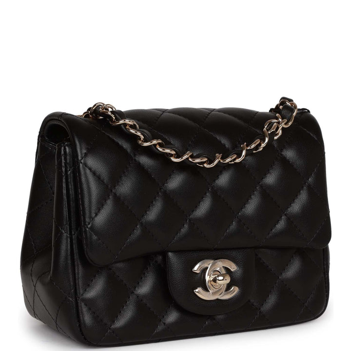 Top Quality Chanel Mini Square Flap Bag Black Lambskin Light Gold Hardware