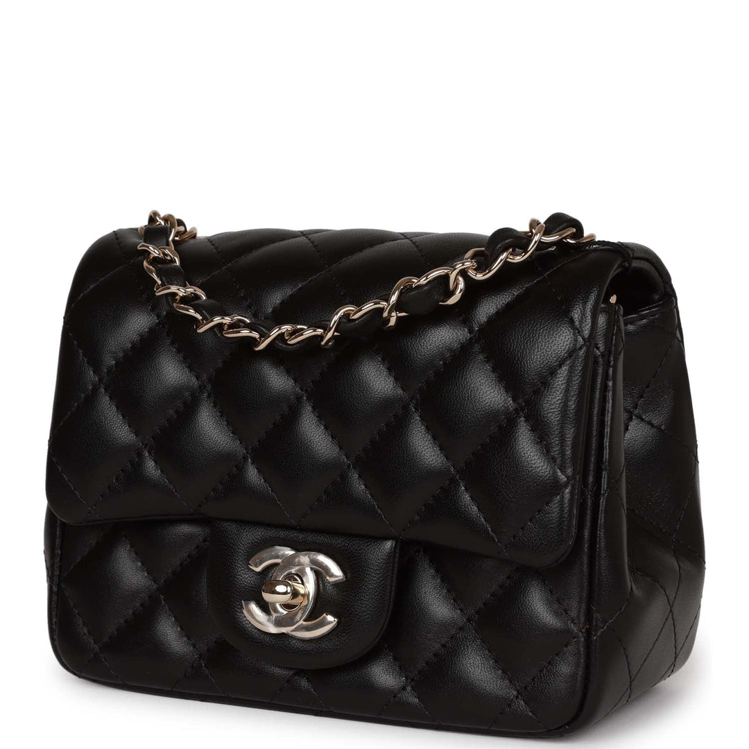Top Quality Chanel Mini Square Flap Bag Black Lambskin Light Gold Hardware