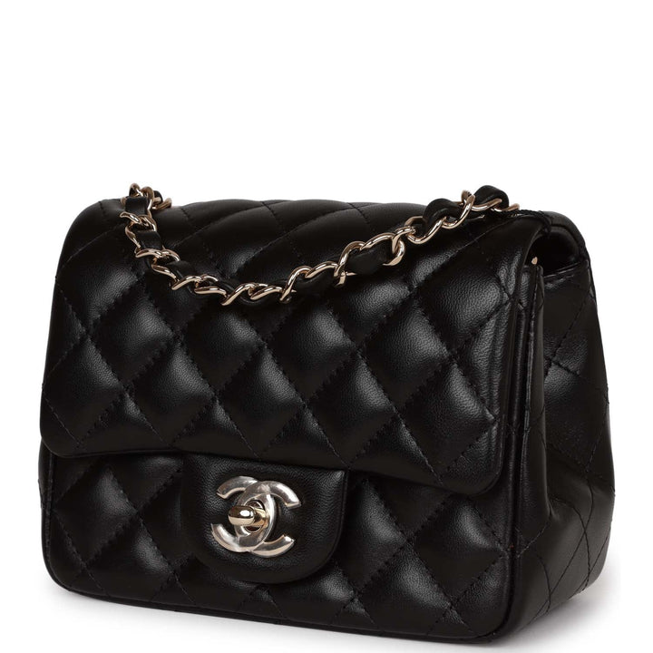 Top Quality Chanel Mini Square Flap Bag Black Lambskin Light Gold Hardware