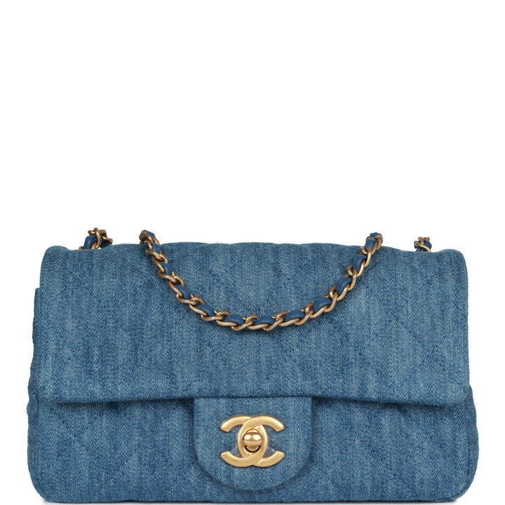 Top Quality Chanel Pearl Crush Mini Rectangular Flap Bag Blue Denim Lambskin Antique Gold Hardware