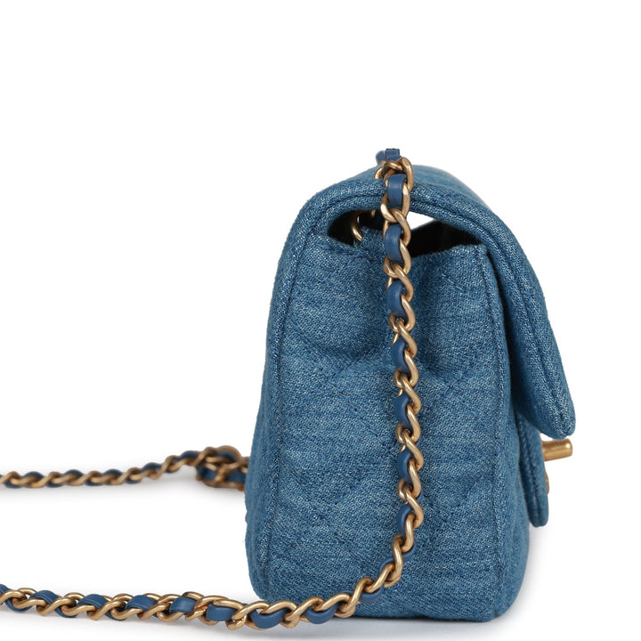 Top Quality Chanel Pearl Crush Mini Rectangular Flap Bag Blue Denim Lambskin Antique Gold Hardware