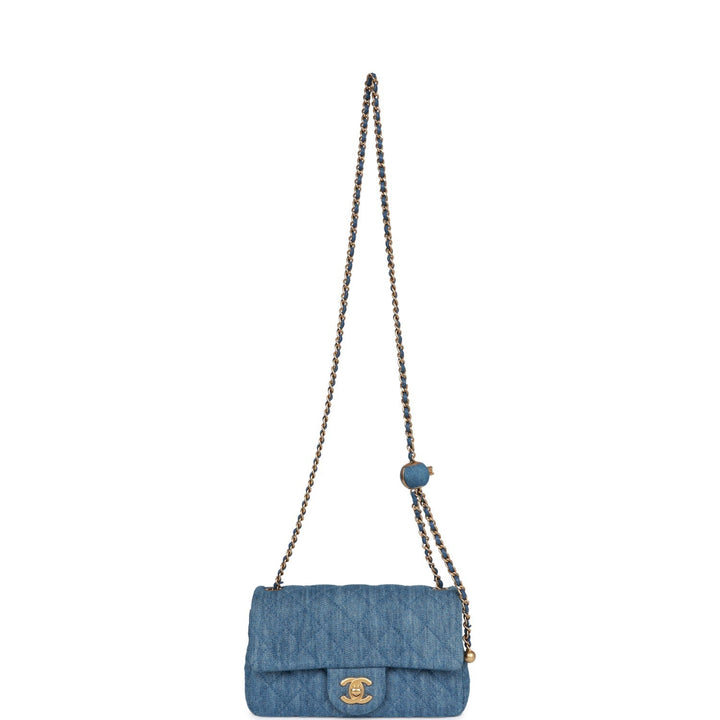 Top Quality Chanel Pearl Crush Mini Rectangular Flap Bag Blue Denim Lambskin Antique Gold Hardware