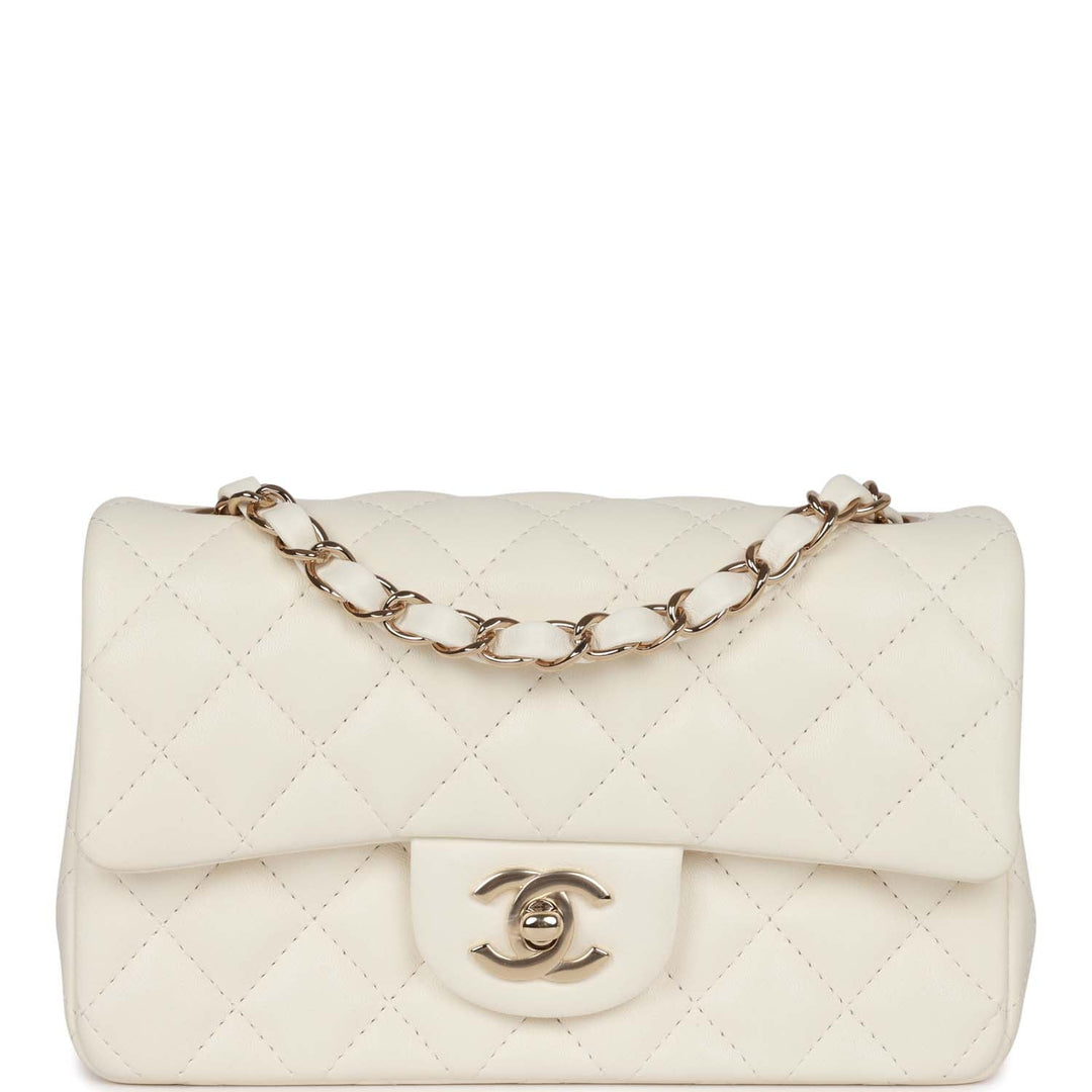 Top Quality Chanel Mini Rectangular Flap Bag White Lambskin Light Gold Hardware