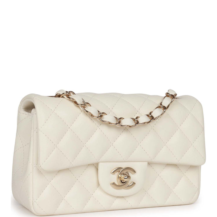 Top Quality Chanel Mini Rectangular Flap Bag White Lambskin Light Gold Hardware