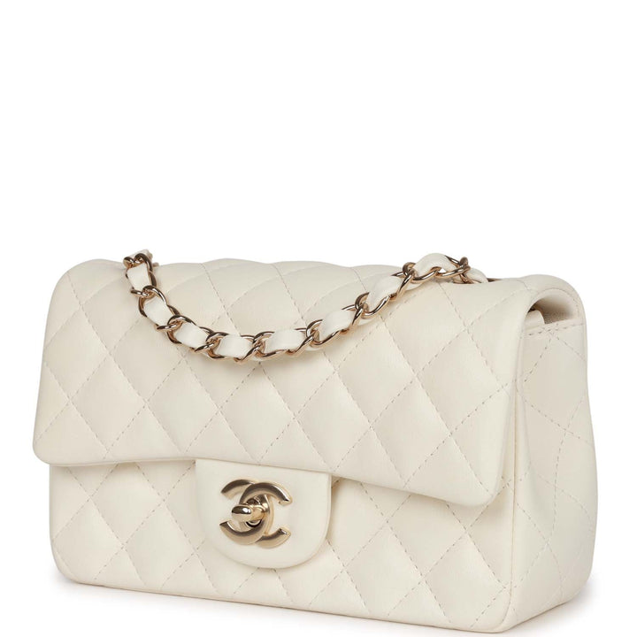 Top Quality Chanel Mini Rectangular Flap Bag White Lambskin Light Gold Hardware