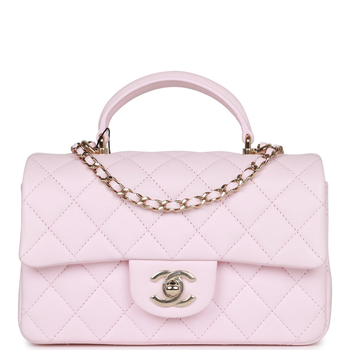 Top Quality Chanel Mini Rectangular Flap Bag with Top Handle Light Pink Lambskin Light Gold Hardware