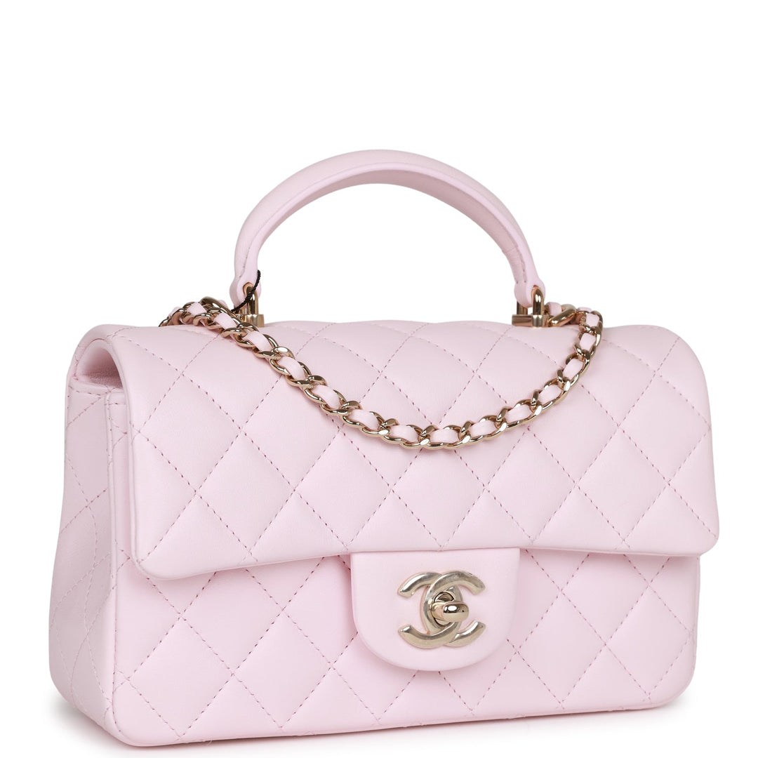 Top Quality Chanel Mini Rectangular Flap Bag with Top Handle Light Pink Lambskin Light Gold Hardware