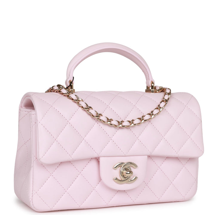 Top Quality Chanel Mini Rectangular Flap Bag with Top Handle Light Pink Lambskin Light Gold Hardware