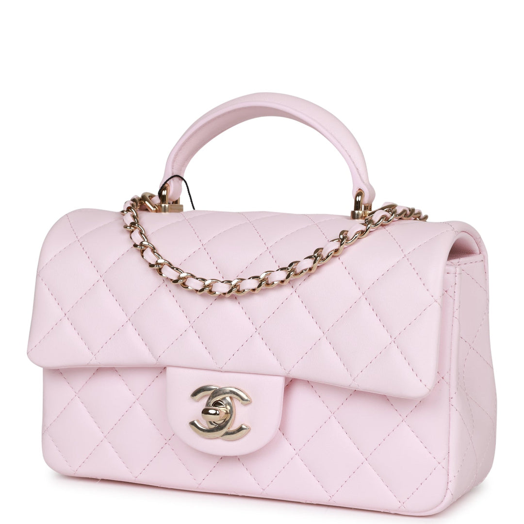 Top Quality Chanel Mini Rectangular Flap Bag with Top Handle Light Pink Lambskin Light Gold Hardware