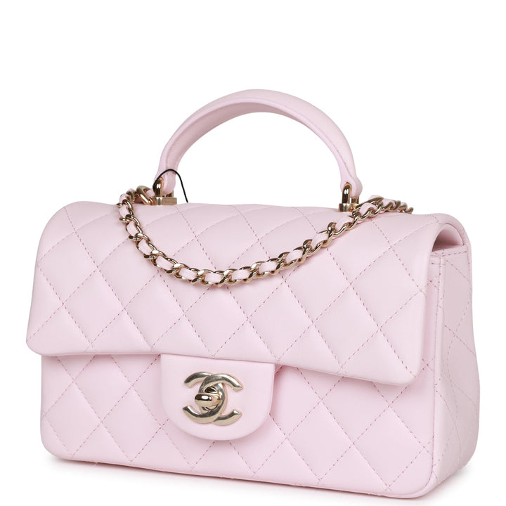 Top Quality Chanel Mini Rectangular Flap Bag with Top Handle Light Pink Lambskin Light Gold Hardware