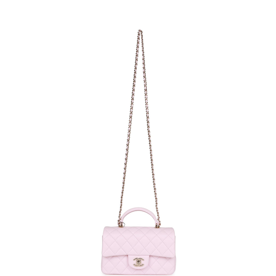 Top Quality Chanel Mini Rectangular Flap Bag with Top Handle Light Pink Lambskin Light Gold Hardware