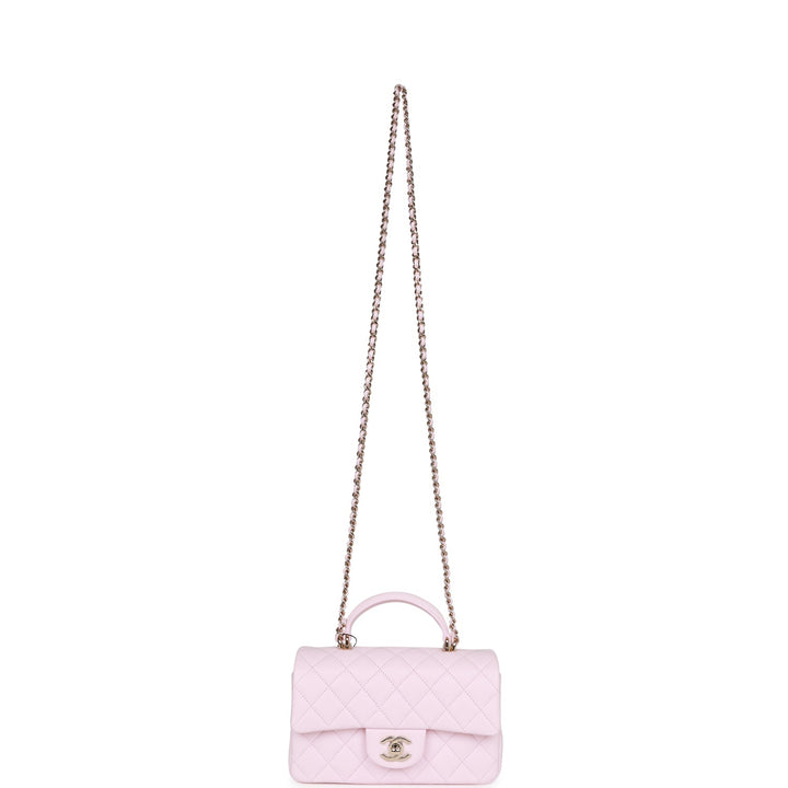 Top Quality Chanel Mini Rectangular Flap Bag with Top Handle Light Pink Lambskin Light Gold Hardware