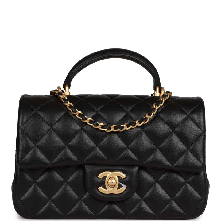 Top Quality Chanel Mini Rectangular Flap with Top Handle Black Lambskin Antique Gold Hardware