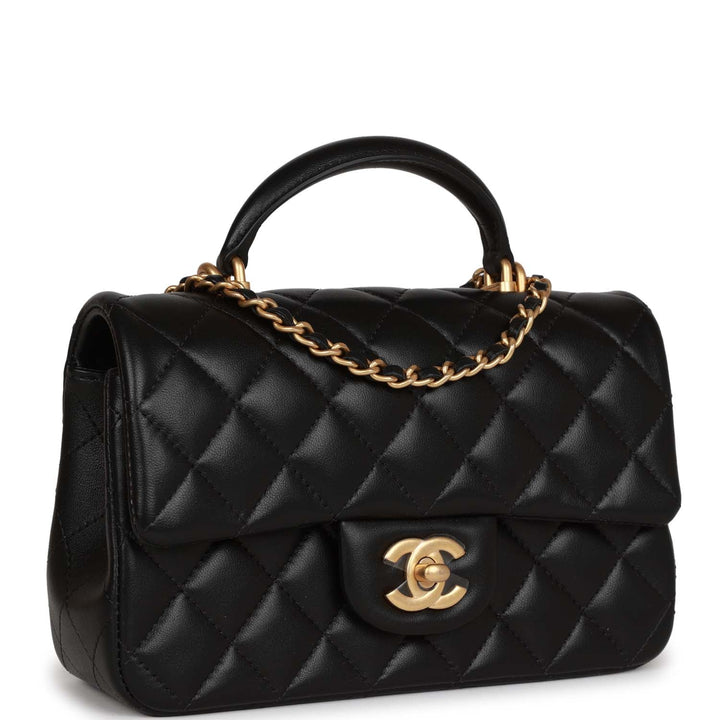 Top Quality Chanel Mini Rectangular Flap with Top Handle Black Lambskin Antique Gold Hardware