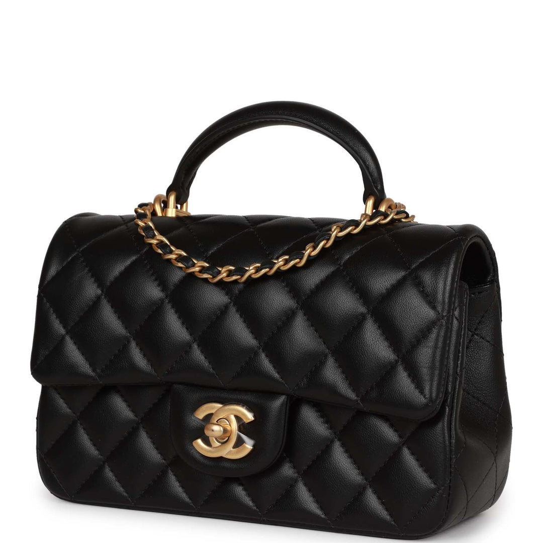 Top Quality Chanel Mini Rectangular Flap with Top Handle Black Lambskin Antique Gold Hardware