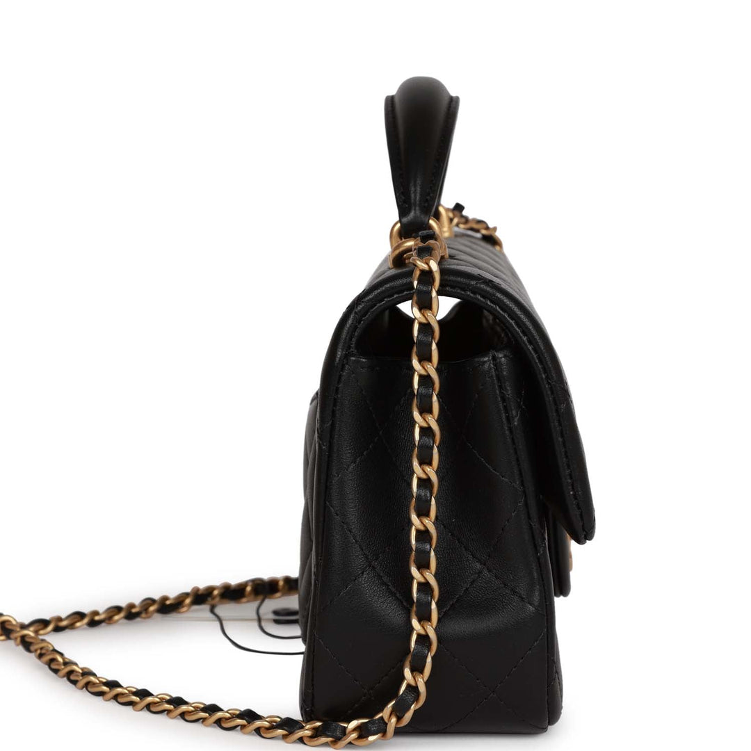 Top Quality Chanel Mini Rectangular Flap with Top Handle Black Lambskin Antique Gold Hardware