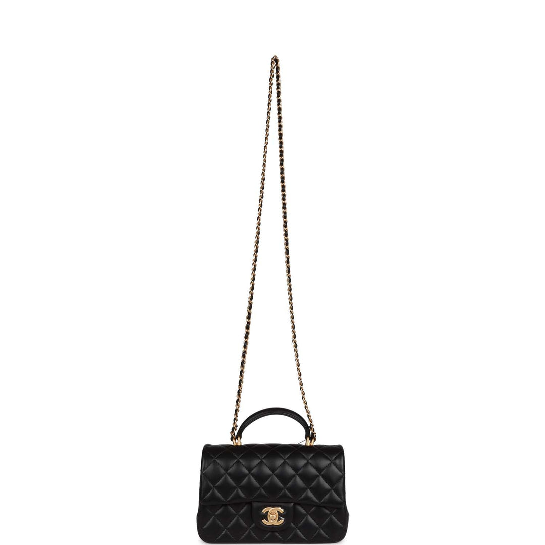 Top Quality Chanel Mini Rectangular Flap with Top Handle Black Lambskin Antique Gold Hardware