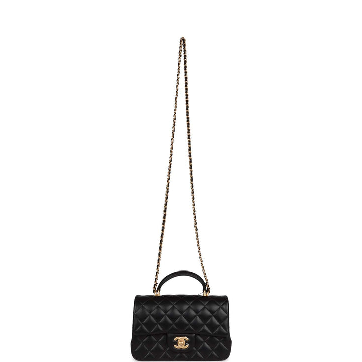 Top Quality Chanel Mini Rectangular Flap with Top Handle Black Lambskin Antique Gold Hardware