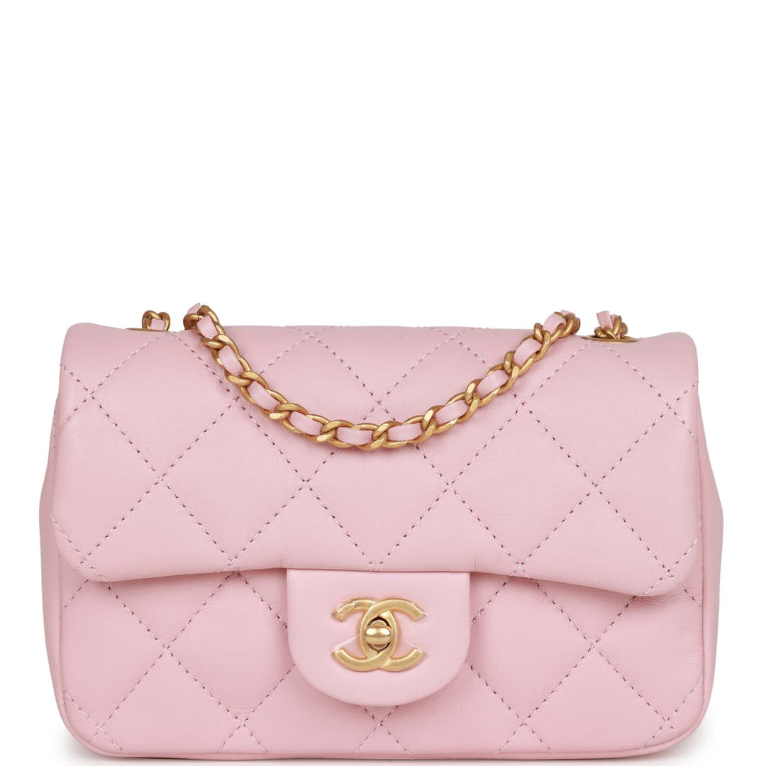 Top Quality Chanel Mini Rectangular Flap Bag with Heart Chain Pink Lambskin Antique Gold Hardware