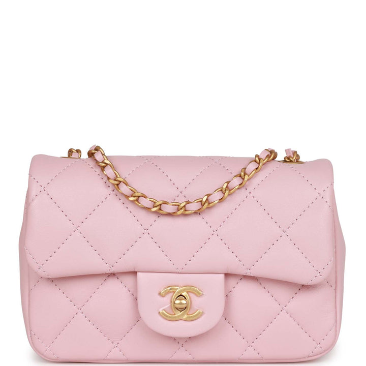 Top Quality Chanel Mini Rectangular Flap Bag with Heart Chain Pink Lambskin Antique Gold Hardware