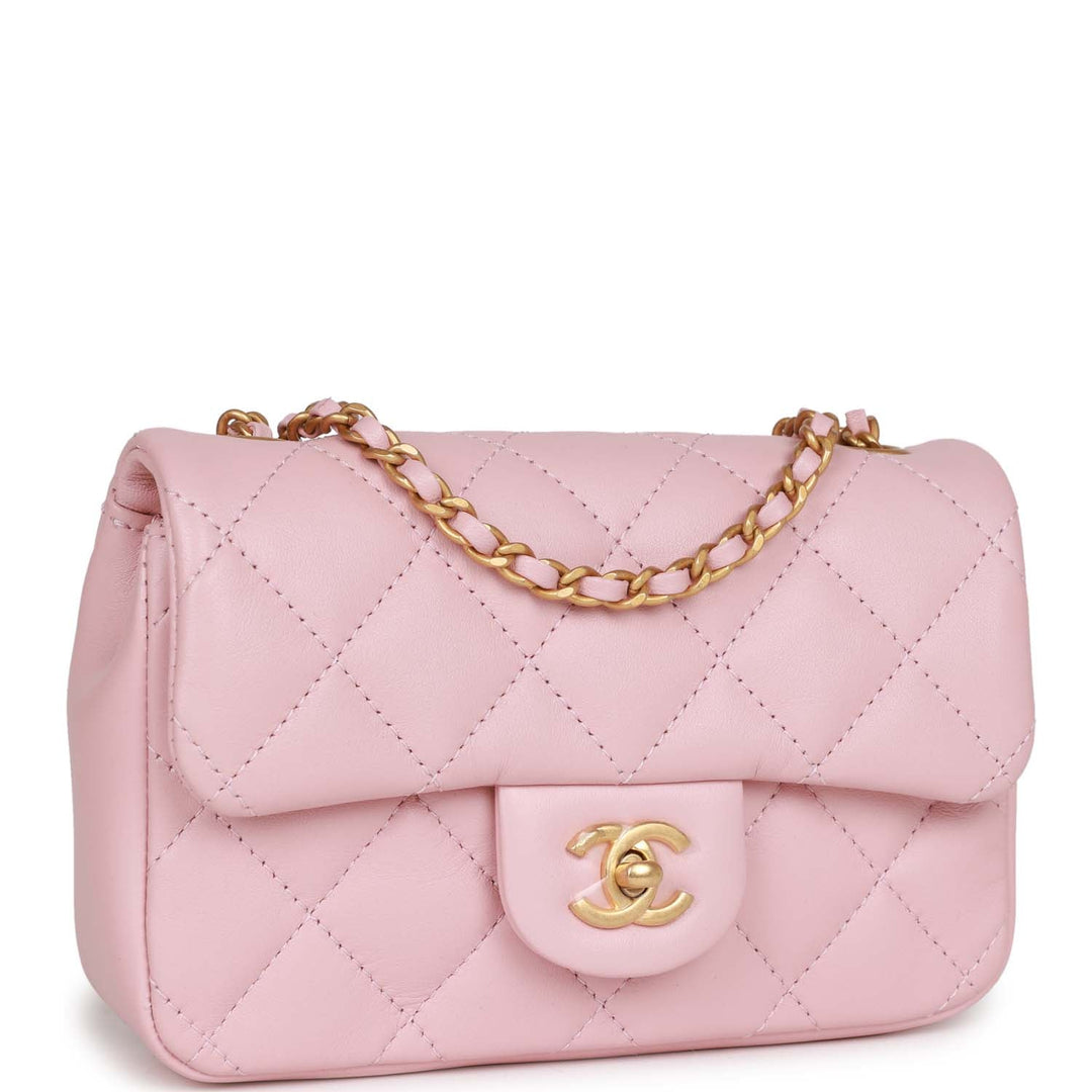Top Quality Chanel Mini Rectangular Flap Bag with Heart Chain Pink Lambskin Antique Gold Hardware
