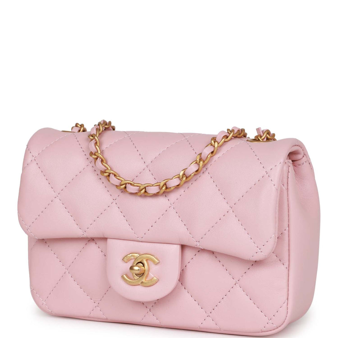 Top Quality Chanel Mini Rectangular Flap Bag with Heart Chain Pink Lambskin Antique Gold Hardware