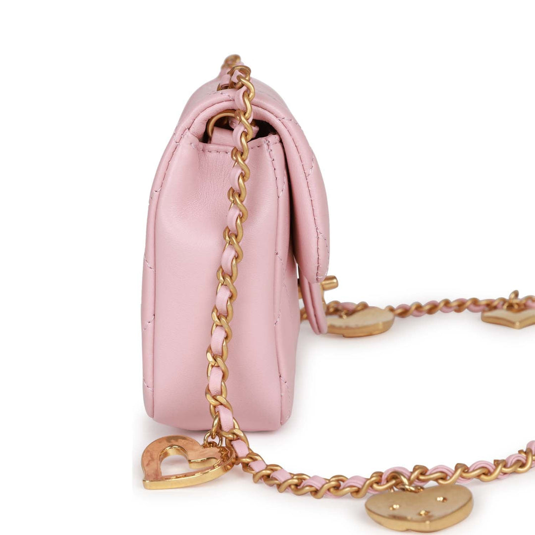 Top Quality Chanel Mini Rectangular Flap Bag with Heart Chain Pink Lambskin Antique Gold Hardware