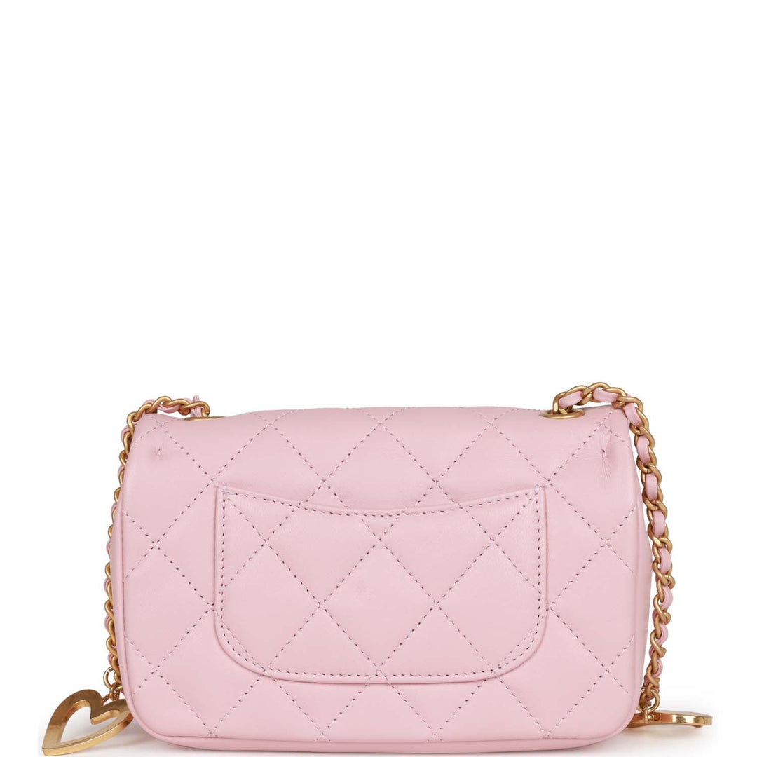 Top Quality Chanel Mini Rectangular Flap Bag with Heart Chain Pink Lambskin Antique Gold Hardware