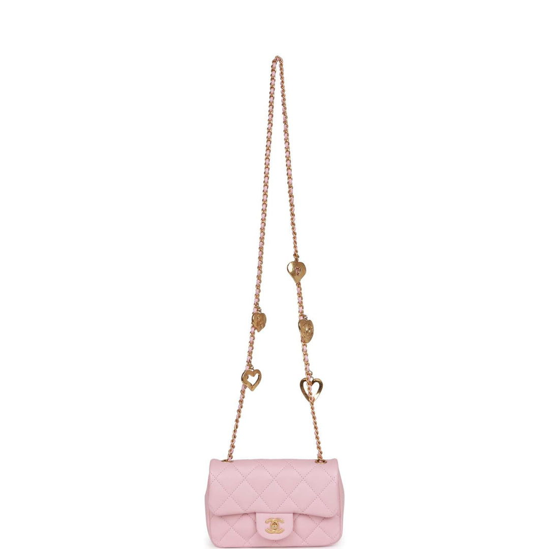 Top Quality Chanel Mini Rectangular Flap Bag with Heart Chain Pink Lambskin Antique Gold Hardware