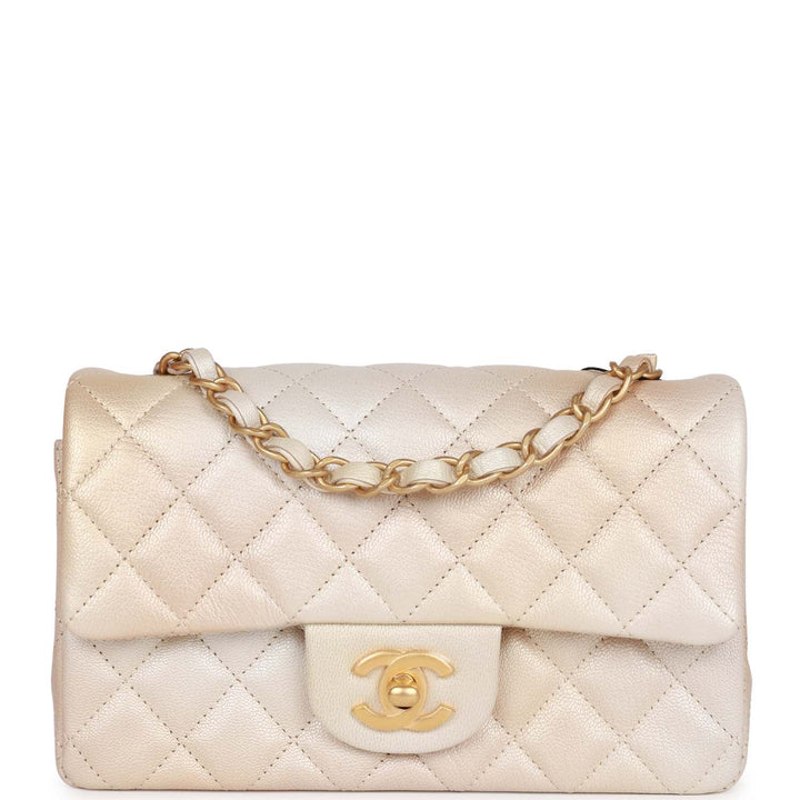 Top Quality Chanel Mini Rectangular Flap Bag Beige Metallic Ombre Calfskin Aged Gold Hardware