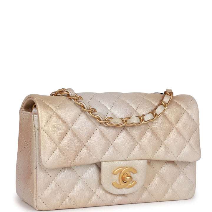 Top Quality Chanel Mini Rectangular Flap Bag Beige Metallic Ombre Calfskin Aged Gold Hardware