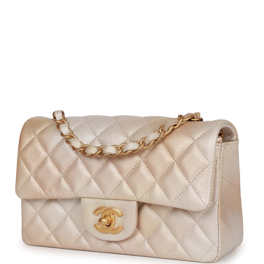 Top Quality Chanel Mini Rectangular Flap Bag Beige Metallic Ombre Calfskin Aged Gold Hardware