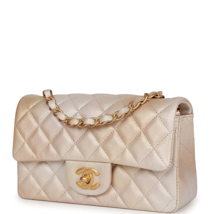Top Quality Chanel Mini Rectangular Flap Bag Beige Metallic Ombre Calfskin Aged Gold Hardware
