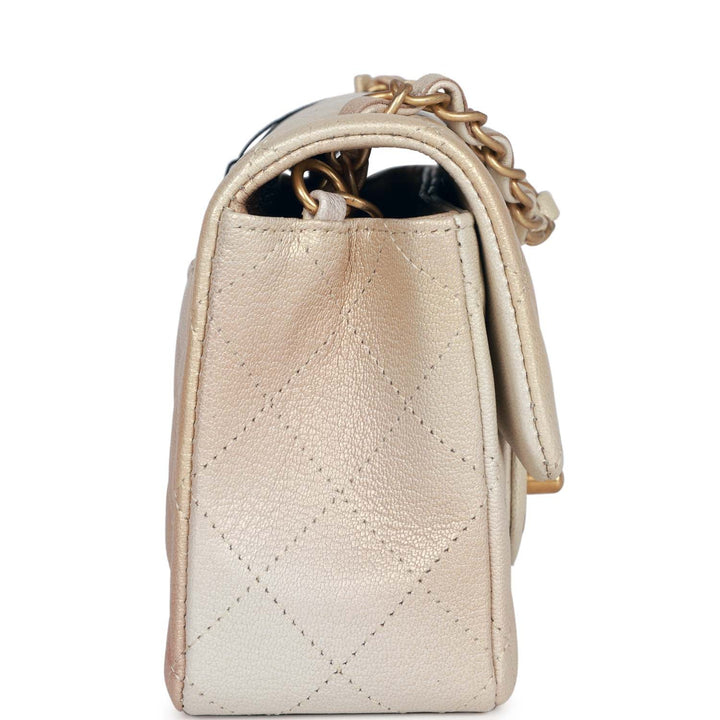 Top Quality Chanel Mini Rectangular Flap Bag Beige Metallic Ombre Calfskin Aged Gold Hardware