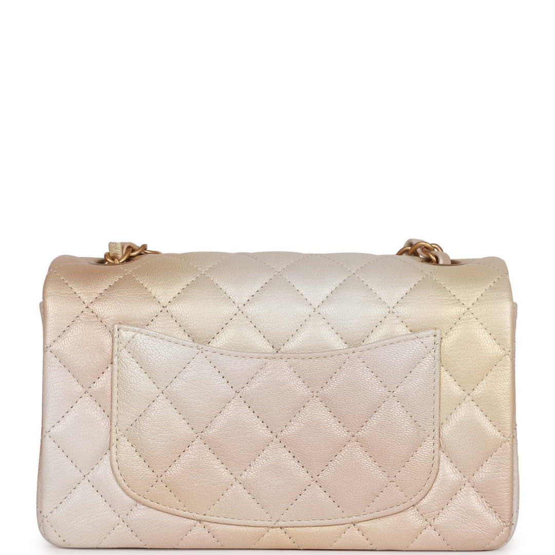 Top Quality Chanel Mini Rectangular Flap Bag Beige Metallic Ombre Calfskin Aged Gold Hardware