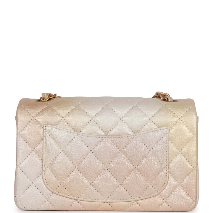 Top Quality Chanel Mini Rectangular Flap Bag Beige Metallic Ombre Calfskin Aged Gold Hardware